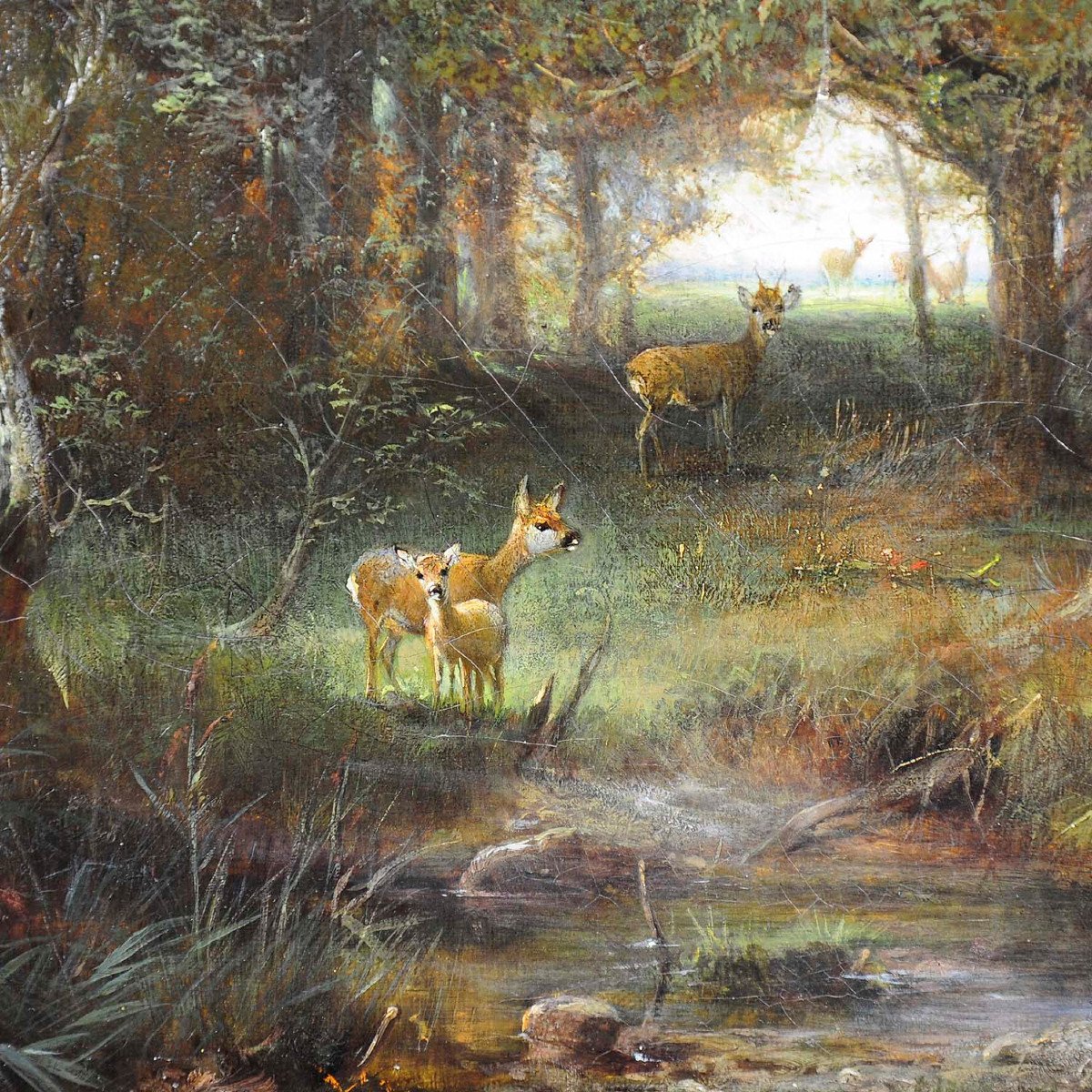 Ludwig Sellmayr - Deer With Doe And Fawn In The Forest Ca. 1880-photo-3