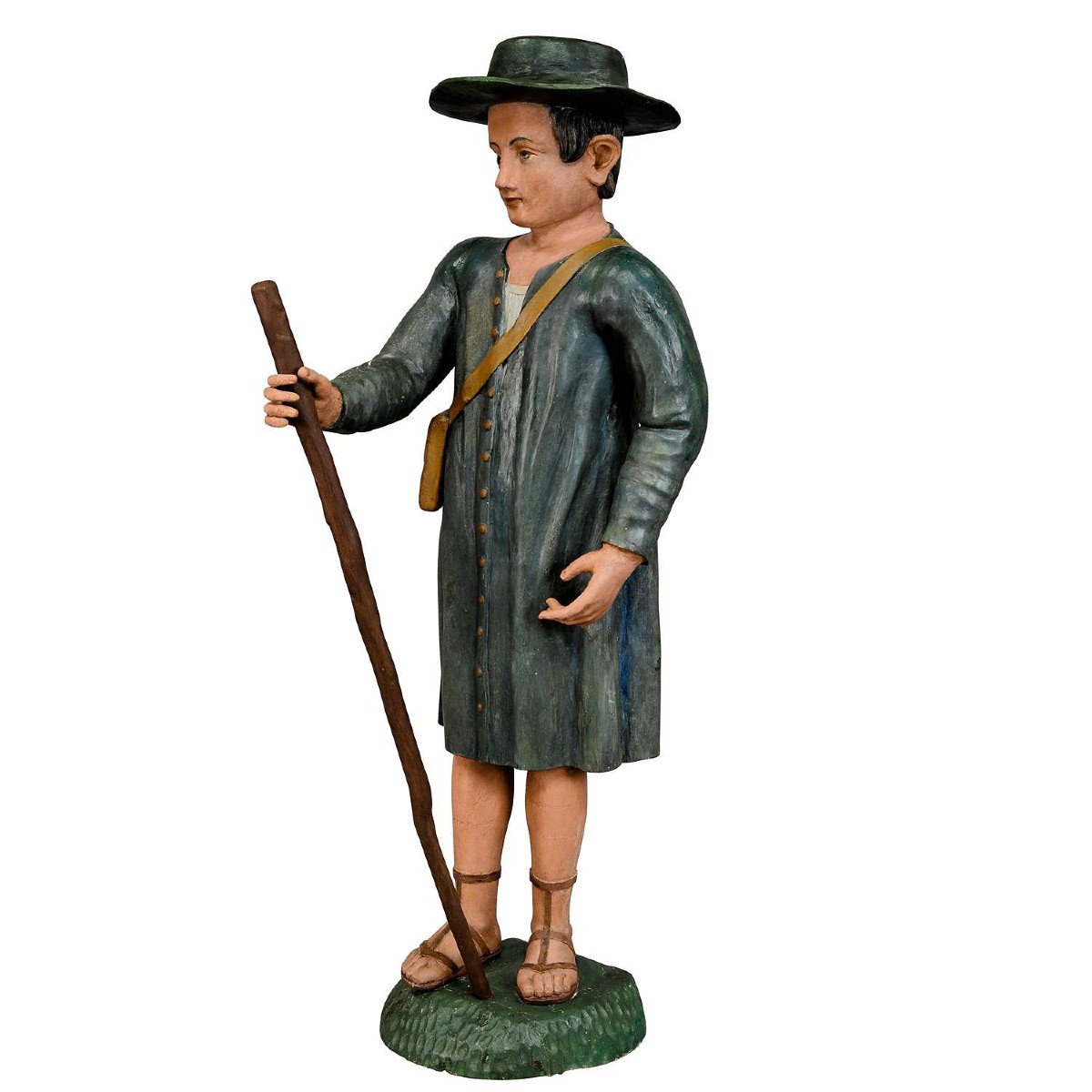 Antique Figurine De Berger En Bois Sculpté Pour Crèche