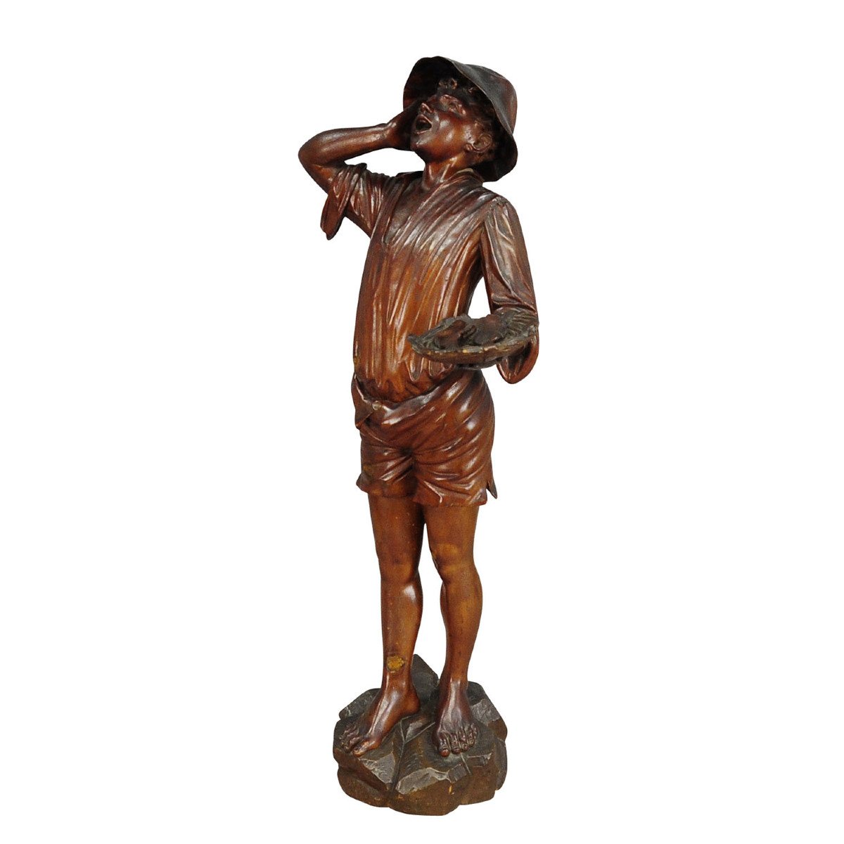 Statue Ancienne En Bois Sculpté d'Un Jeune Pêcheur