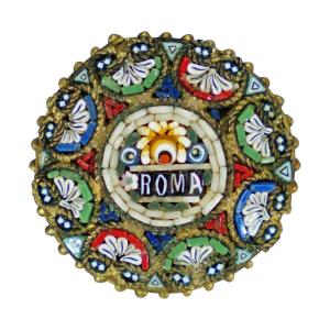 Broche Victorienne Ancienne En Micromosaïque Avec Encadrement Doré, Italie, Début Du 20e Siècle