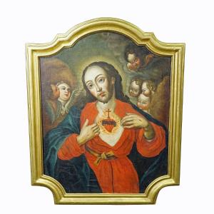 The Sacred Heart Of Jesus, Oil Painting On Canvas 18th Century