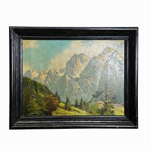 Paysage De Haute Montagne En été, Huile Sur Carton Peinture, Fin Du 19e Siècle