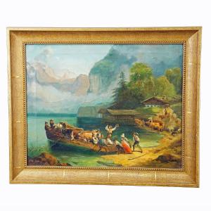 Peinture Ancienne, Attelage De Bovins Sur Un Lac Alpin, Huile Sur Toile, 19e Siècle