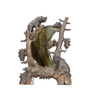 Miroir Ancien De La Forêt Noire Avec Sculptures d'Ours Rustiques Vers 1900