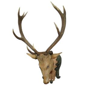 Baroque Stag Head In Carved Wood From The Black Forest With 10 Point Trophy