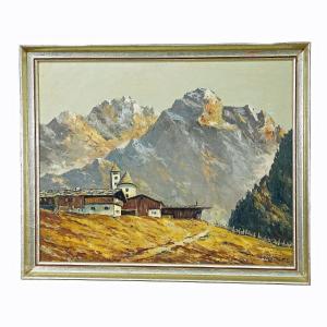 Oil Painting Of An Alpine Landscape With Tyrolean Mountain Village