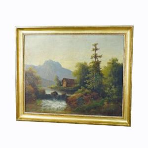 Painting Summer Mountain Landscape With Waterfall And Shelter, 19th Century