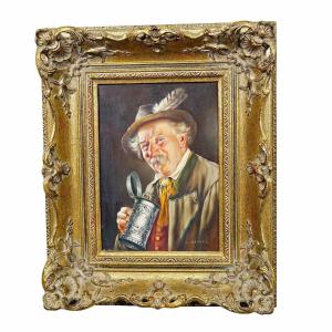 J. Gruber - Portrait Of A Bavarian Folk Man With A Beer Mug, Oil On Wood