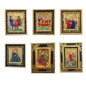 Ensemble De Six Peintures Anciennes Scènes De Ménestrels Tirées Du Manuscrit Chanson De Manesse