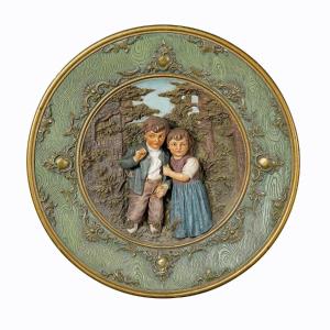 Terracotta Wall Plaque With Fantasy Children In Farmers Costumes