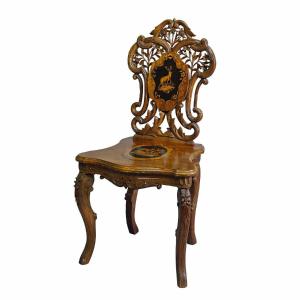 Nutwood Marquetry Chair Edelweis Swiss Brienz 1900