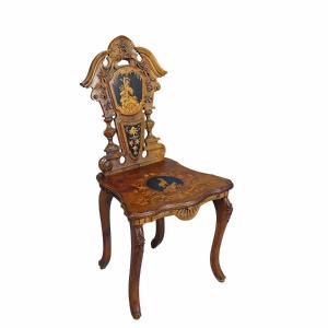Nutwood Marquetry Chair Edelweis Switzerland Brienz 1900