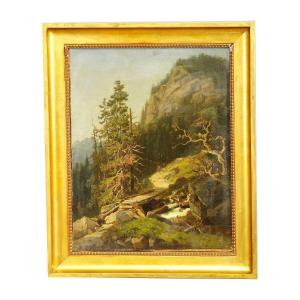 Summer Mountain Landscape With Hiker On A Hiking Trail, 19th Century
