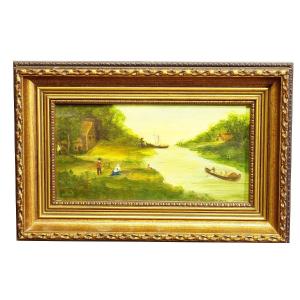 Vintage Oil Painting Victorian River Landscape