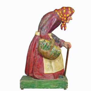 Sculpture Antique En Papier Mâché d'Une Sorcière Ou d'Une Femme De Fermier