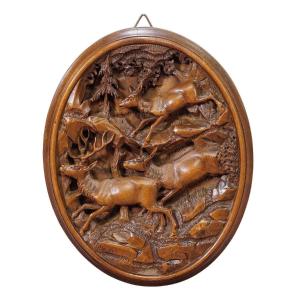 Large Carved Wooden Plaque With Deer Family, Brienz 1900s