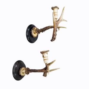 Pair Of Black Forest Wall Sconces With Deer Horns Germany Circa 1900