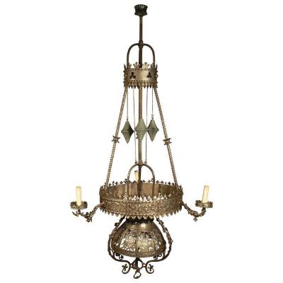 Antique Hand Forged Iron Candle Chandelier From A German Castle