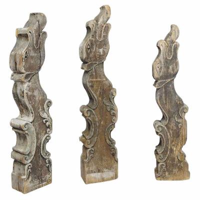 A Set Of Three Historical Dragon Head Wood Beams 