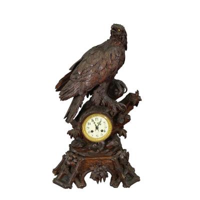 Ancienne Horloge De Cheminée En Bois Avec Aigle, Suisse 1900