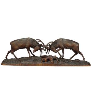 Exceptionnels Cerfs De Combat Sculptés En Bois Par K. Bach 1946