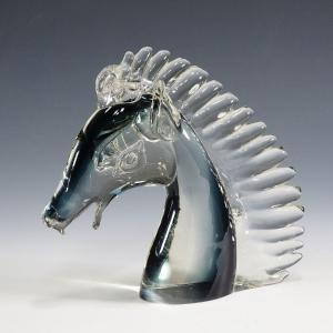 Sculpture De Murano à Tête De Cheval Stylisée En Verre Sommerso