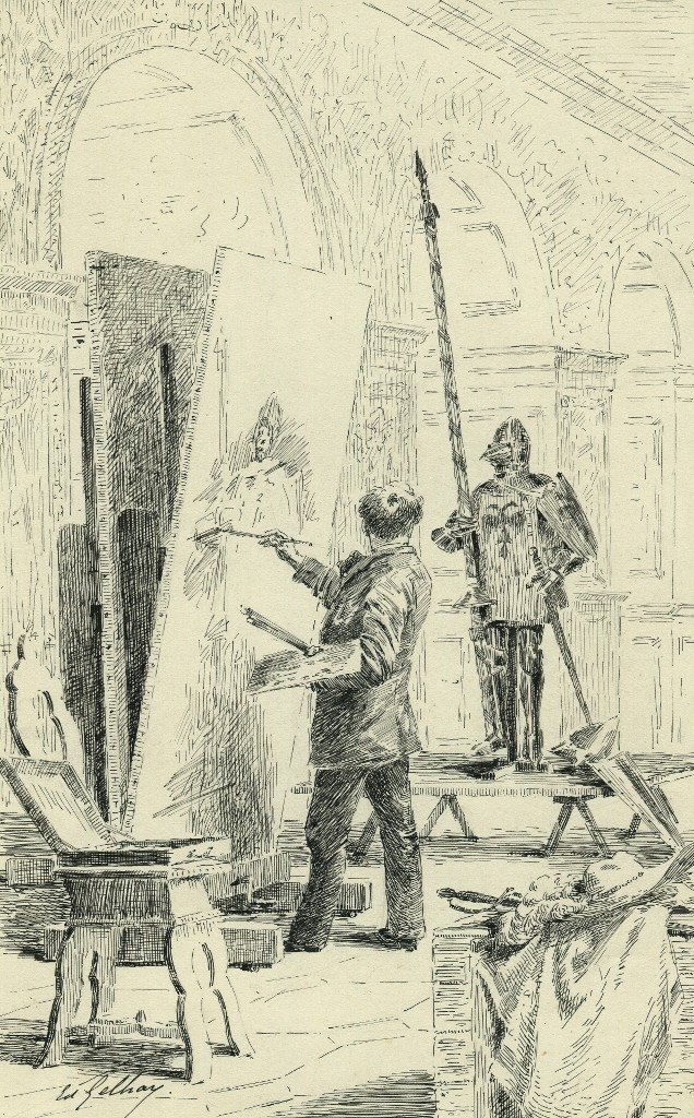 Édouard GELHAY (1856-1939) L'Atelier du peintre - Dessin ancien à la plume