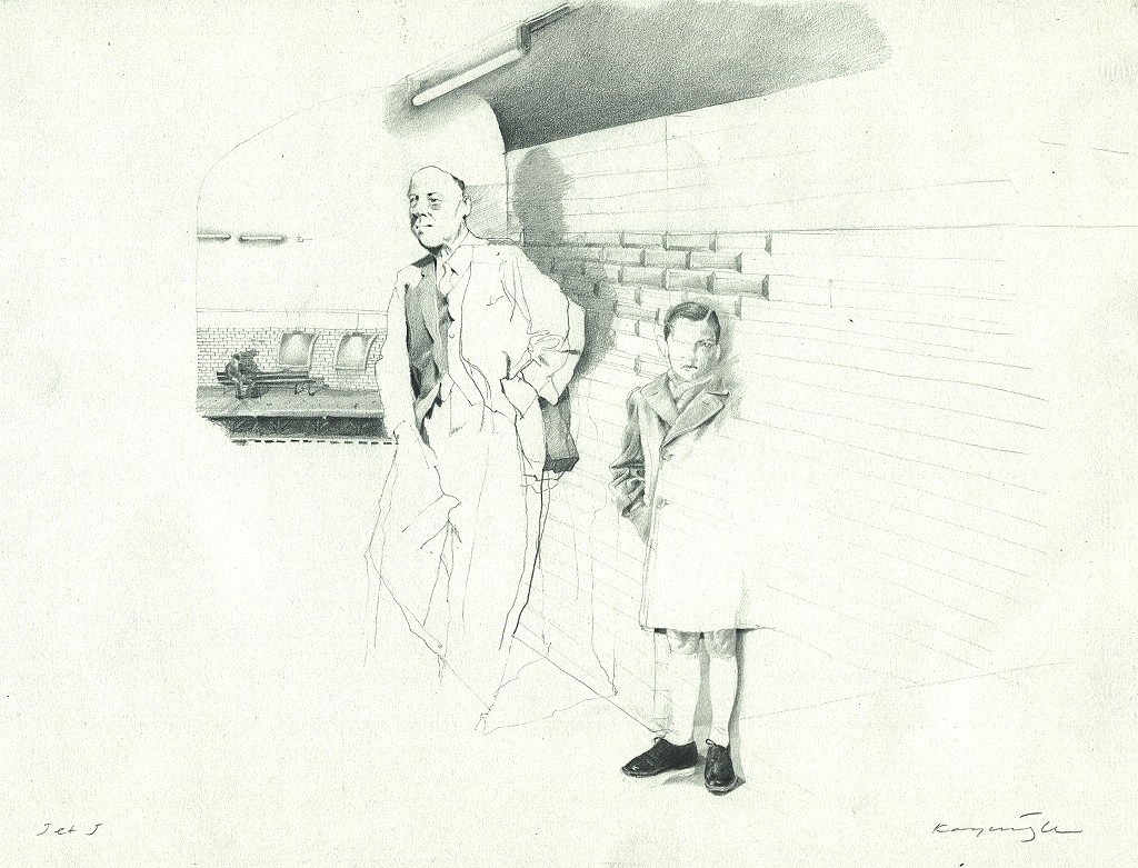 Intéressant dessin original  "  Dans le métro parisien "