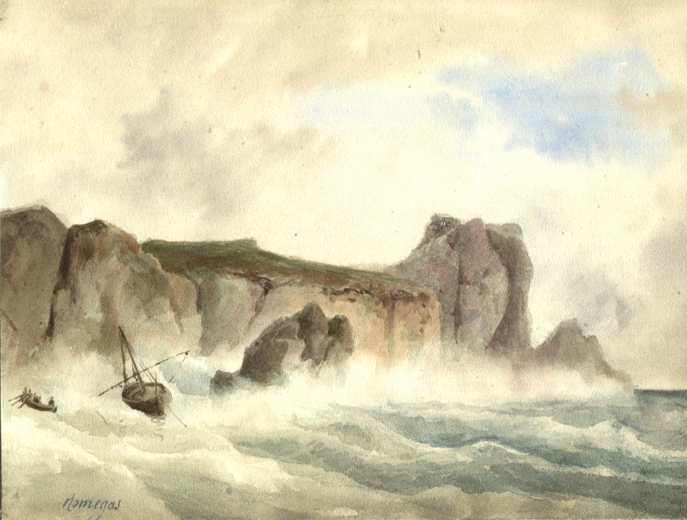 Jean-Baptiste ROMEGAS (1800-1867) Ecole de Marseille - Paysage marin , bateau  Dessin original 