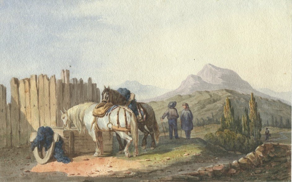 Théodore Fort (1810-1896) Attrib. To - Horses In A Landscape - Original Watercolor Drawing