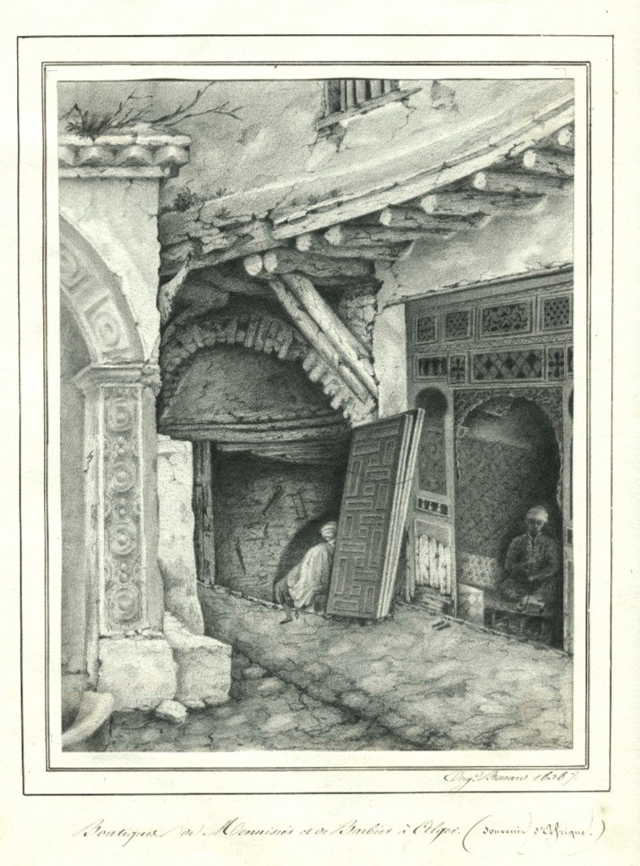 Algiers 1838 - Old Orientalist Drawing - Carpenter And Barber Shops