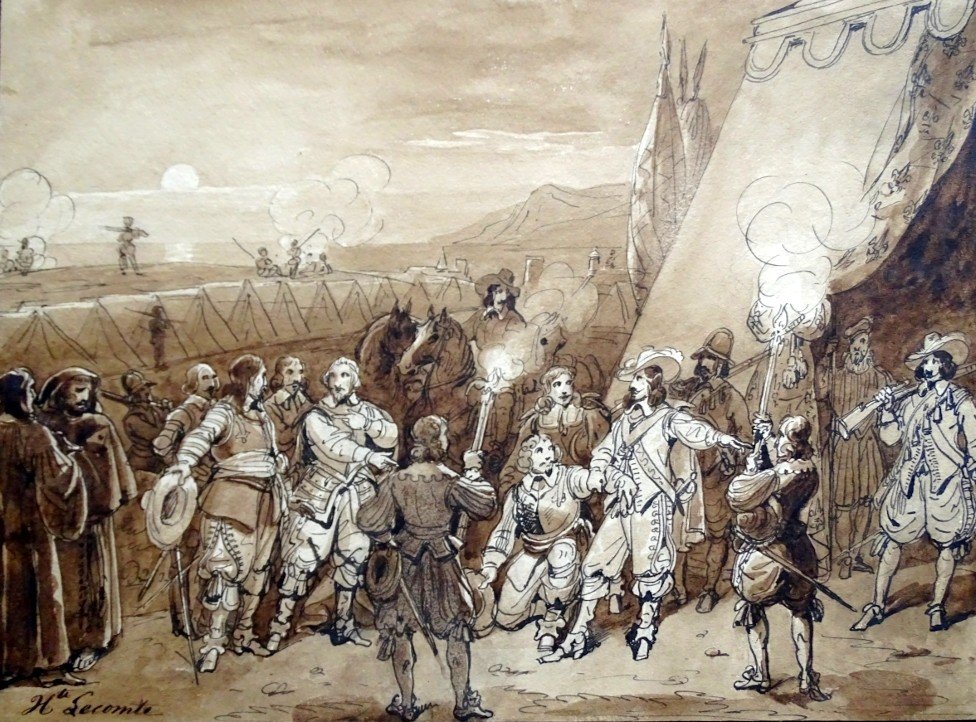  Dartagnan visitant dans un camp de soldats - Dessin original de Hippolyte LECOMTE (1781-1857) -photo-3