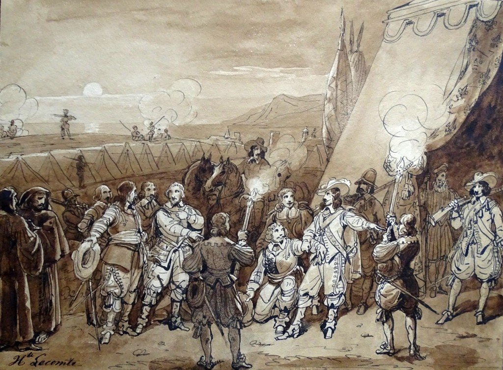  Dartagnan visitant dans un camp de soldats - Dessin original de Hippolyte LECOMTE (1781-1857) 