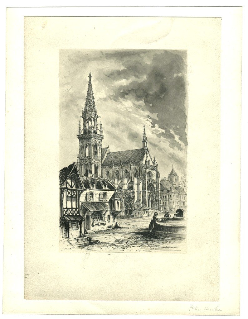 Rare dessin original de Peter HAWKE (1801-1887)  Femmes à la fontaine devant une église-photo-2