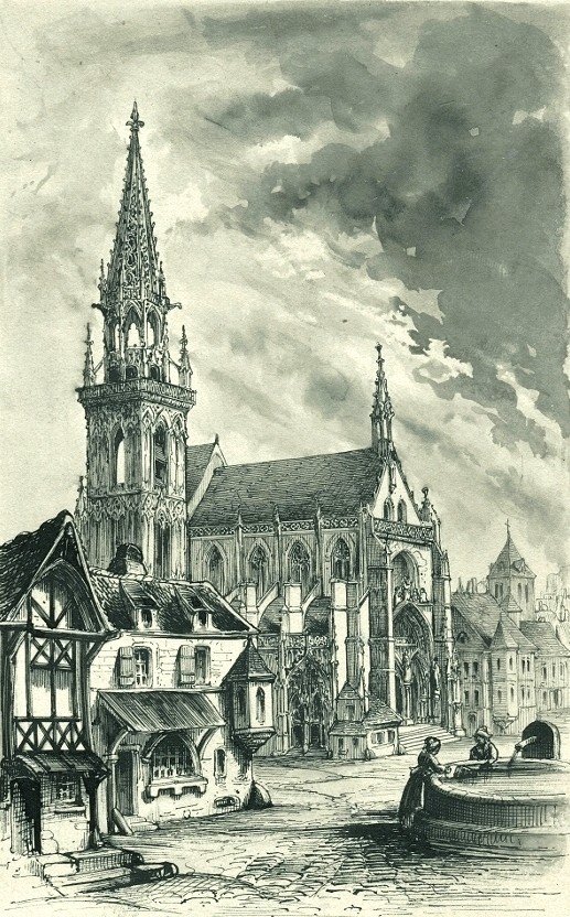 Rare dessin original de Peter HAWKE (1801-1887)  Femmes à la fontaine devant une église