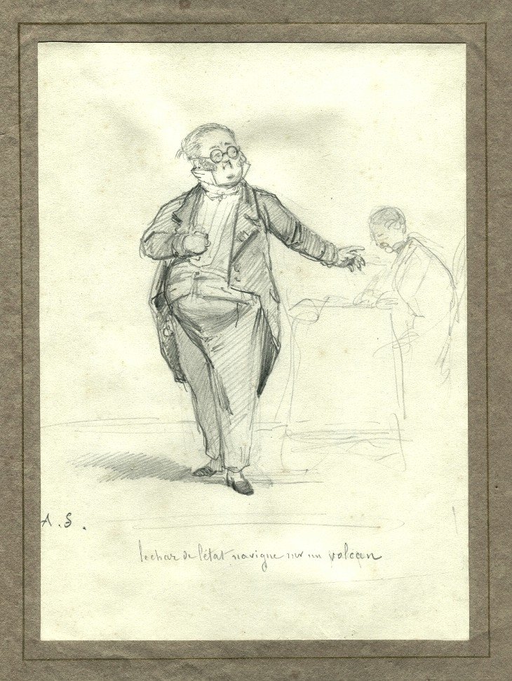 Dessin original de Alexandre SOLDÉ (1822-1893)  "Le char de l'état navigue sur un volcan" 