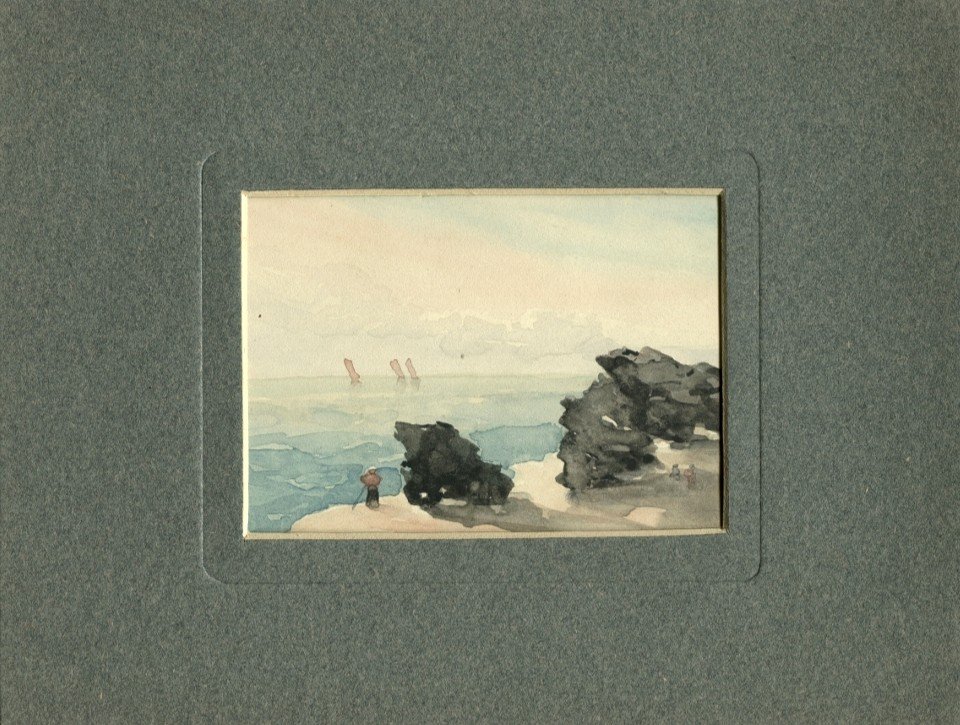 Firmin Javel - Lively Seaside - Original Watercolor Circa 1870