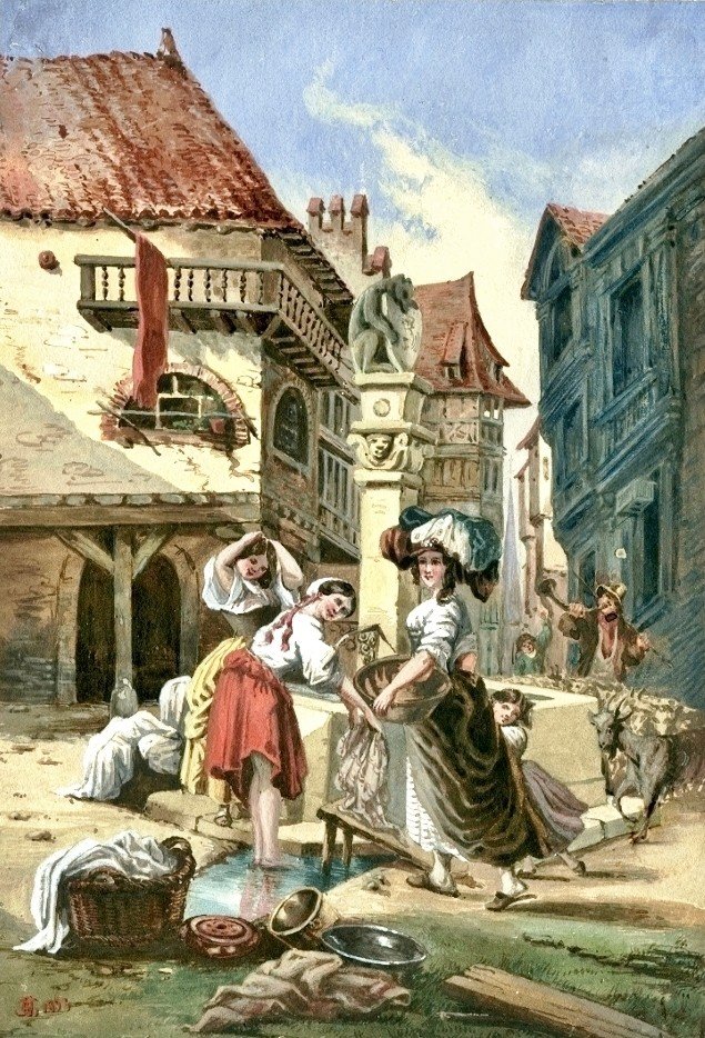 Drei Mädchen Am Brunnen - Old Gouache Drawing - Alsace