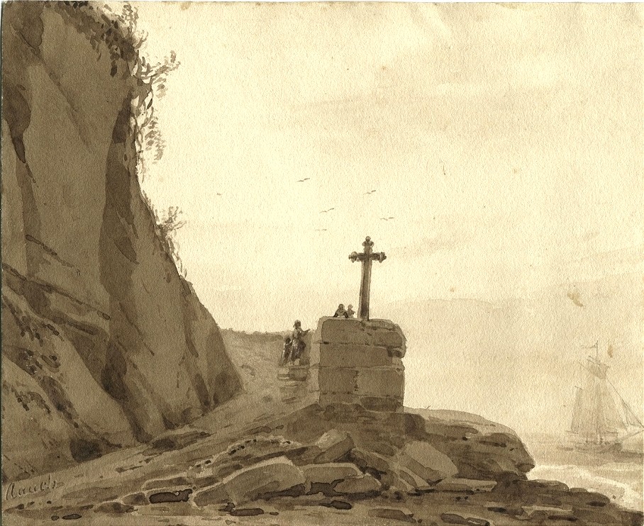 Charles RAUCH (1791-1857)  Paysage marin , bateau - Dessin original ancien au lavis