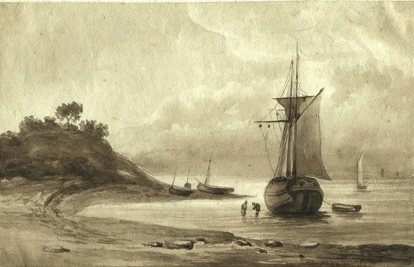 Léon Charles Flahaut (1831-1920) Seascape, Boats - Original Antique Drawing