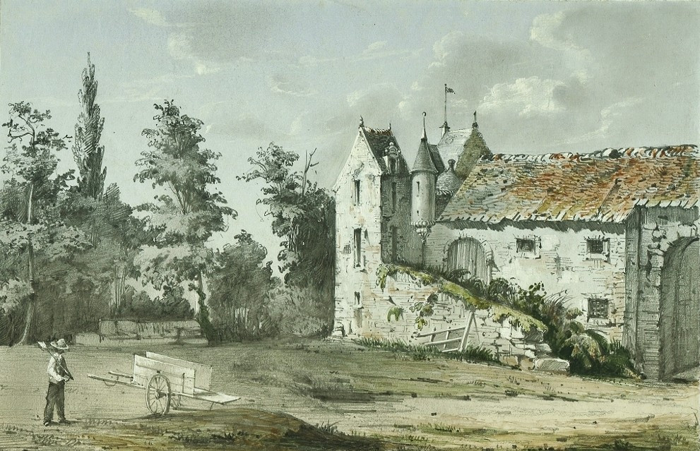 Dessin original ancien à la mine de plomb et aquarelle - Paysage animé d'un personnage