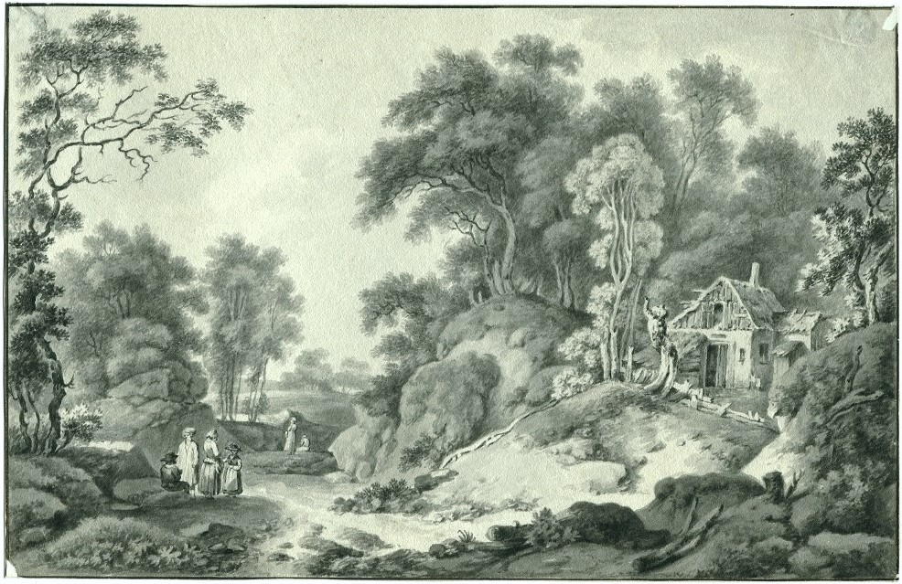   Dessin original ancien au lavis - Scène chapêtre