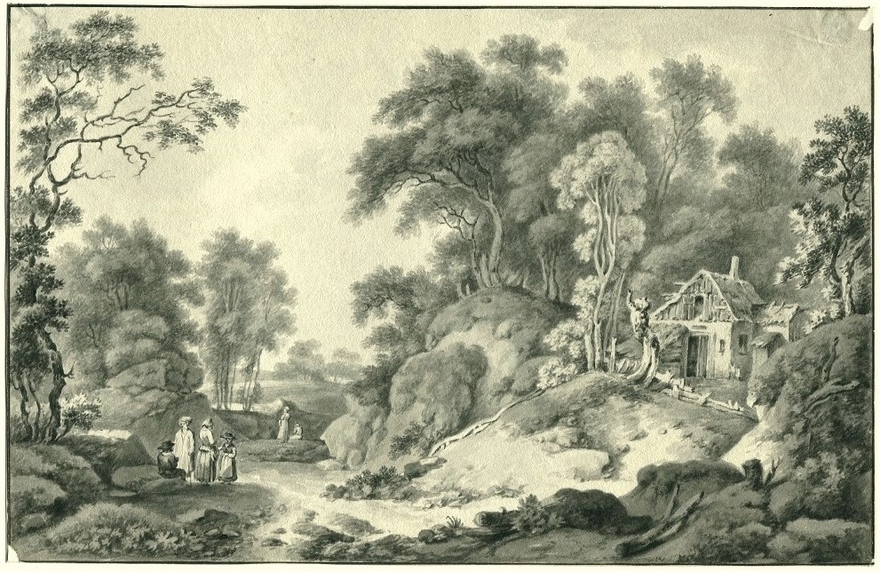   Dessin original ancien au lavis - Scène chapêtre