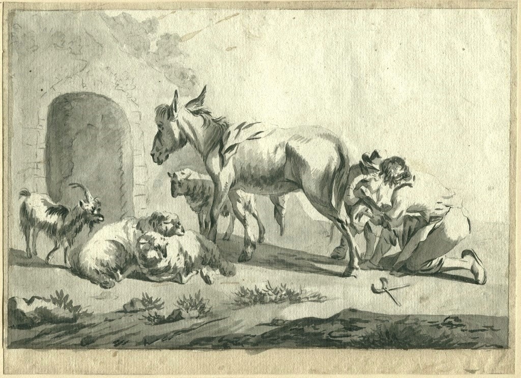Dessin original ancien au lavis - Scène pastorale  Ferrage d'un mulet