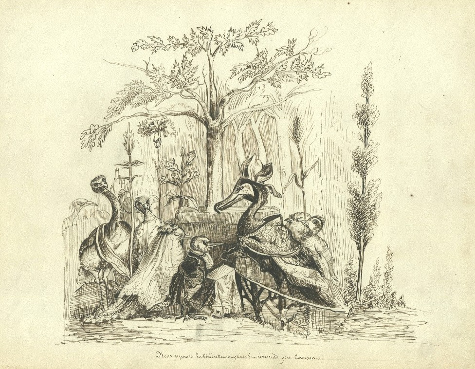 Dessin ancien zoomorphe à la plume et encre 