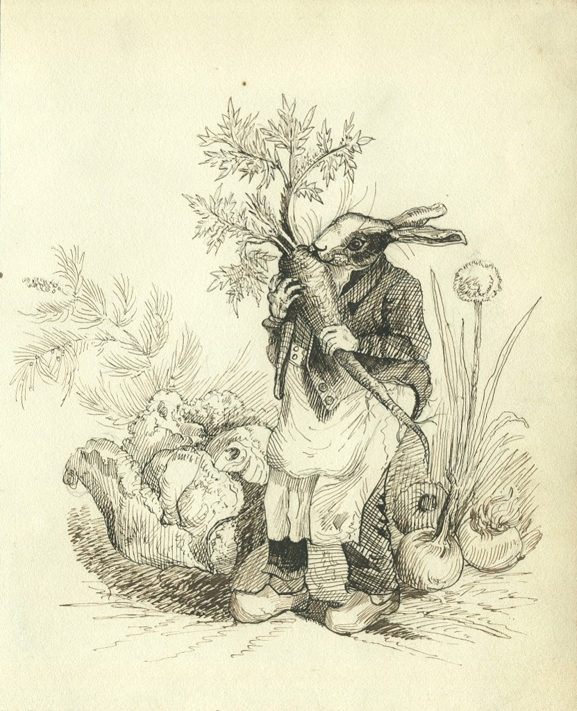 Dessin ancien zoomorphe à la plume et encre - Lapin