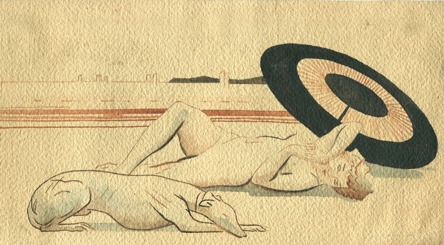 Circa 1920 - Reclining Nude And Greyhound - Original Antique Drawing