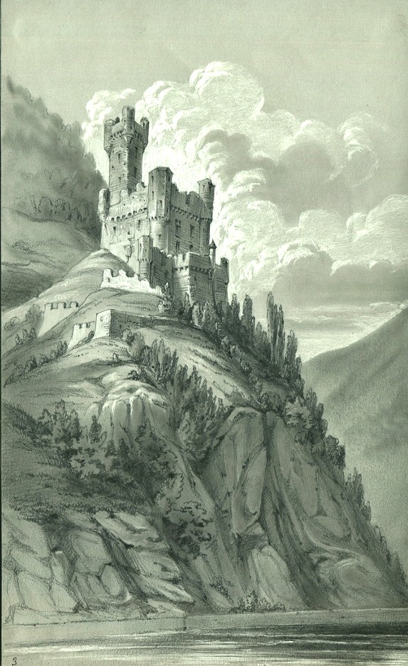 Dessin à la mine de plomb figurant un Château sur les bords du Rhin