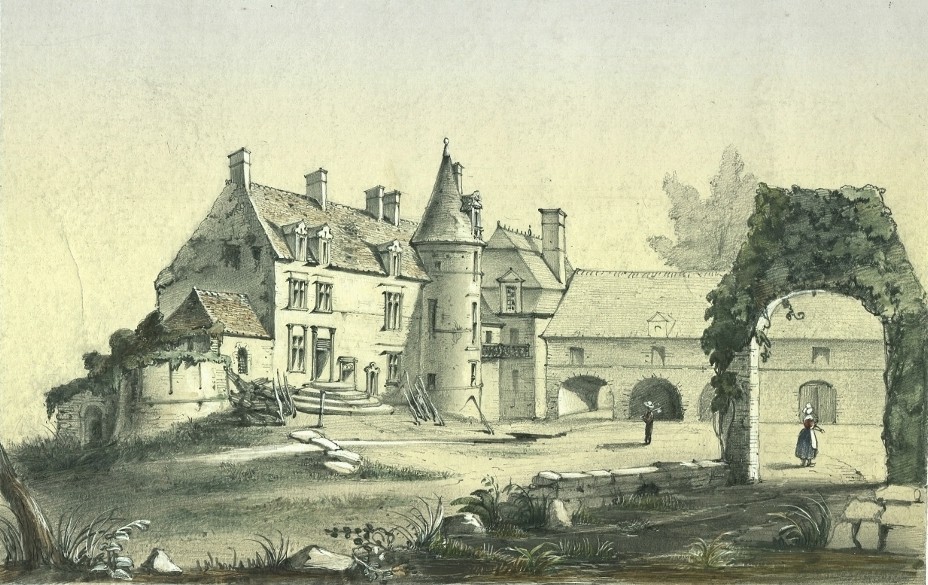Le Château de Tourlaville - Normandie - Dessin original ancien à l'aquarelle et mine de plomb