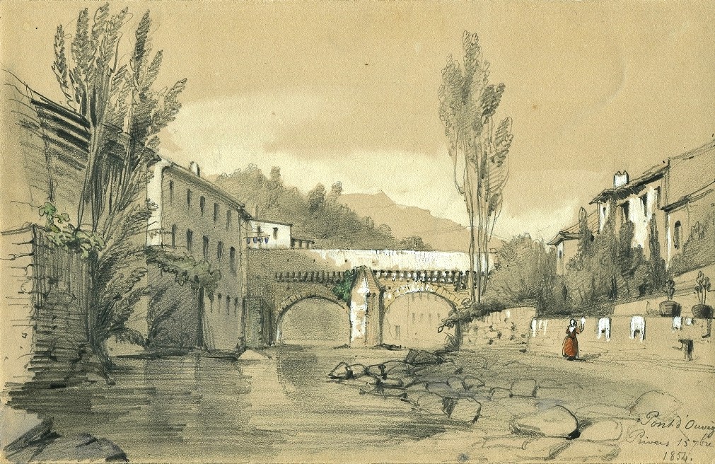 Bridge Over The Ouvèze At Privas - Original Old Drawing
